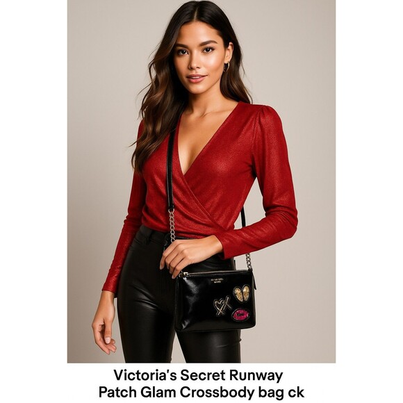 Victoria’s Secret Runway Patch Glam Crossbody Black Patent Bag NWT Chain Strap - Picture 1 of 12